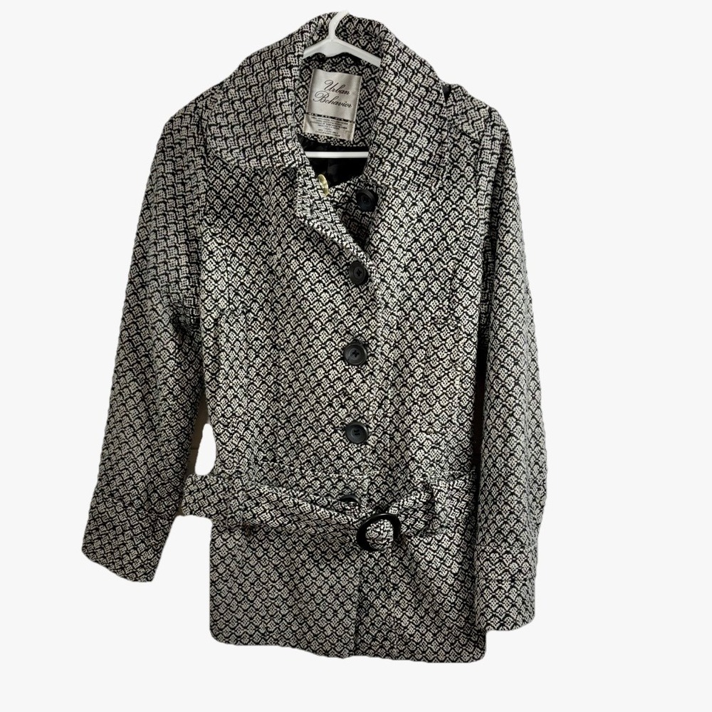 Vintage Y2K Peacoat Belted Urban Behavior Sz S Black White Geometric Wool Blend